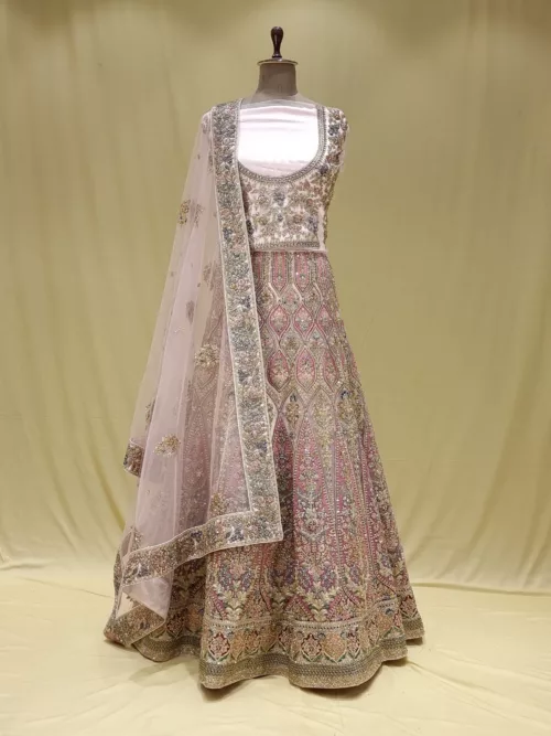 Salmon Pink Multi Thread Embroidered Bridal Lehenga 090315 - Patel Brothers NX