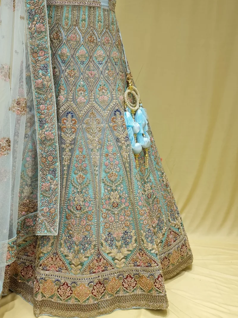 Aqua Blue Multi Thread Embroidered Bridal Lehenga 105015 - Patel Brothers NX 4