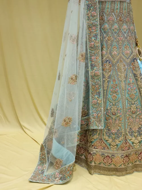 Aqua Blue Multi Thread Embroidered Bridal Lehenga 105015 - Patel Brothers NX 3