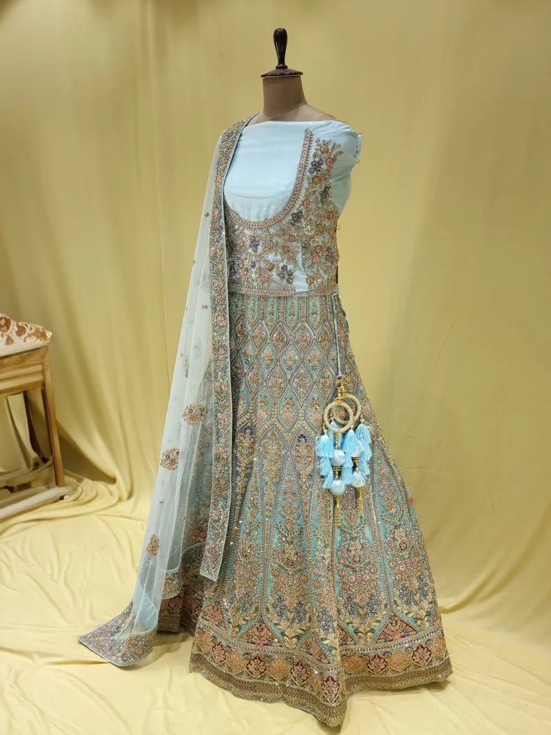 Aqua Blue Multi Thread Embroidered Bridal Lehenga 105015 - Patel Brothers NX 7