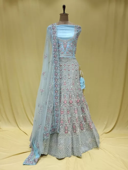 Light Blue Multi Embroidered Bridal Gown SZL9099 - Patel Brothers NX