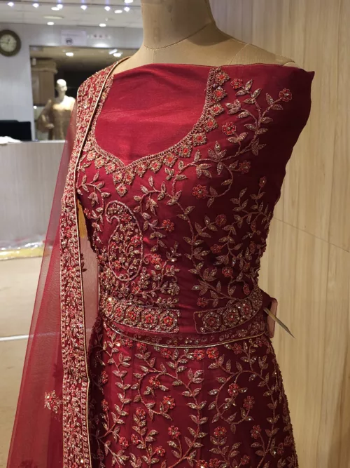 Red Zari Embroidered Intricate Bridal Lehenga 125727 - Patel Brothers NX 3