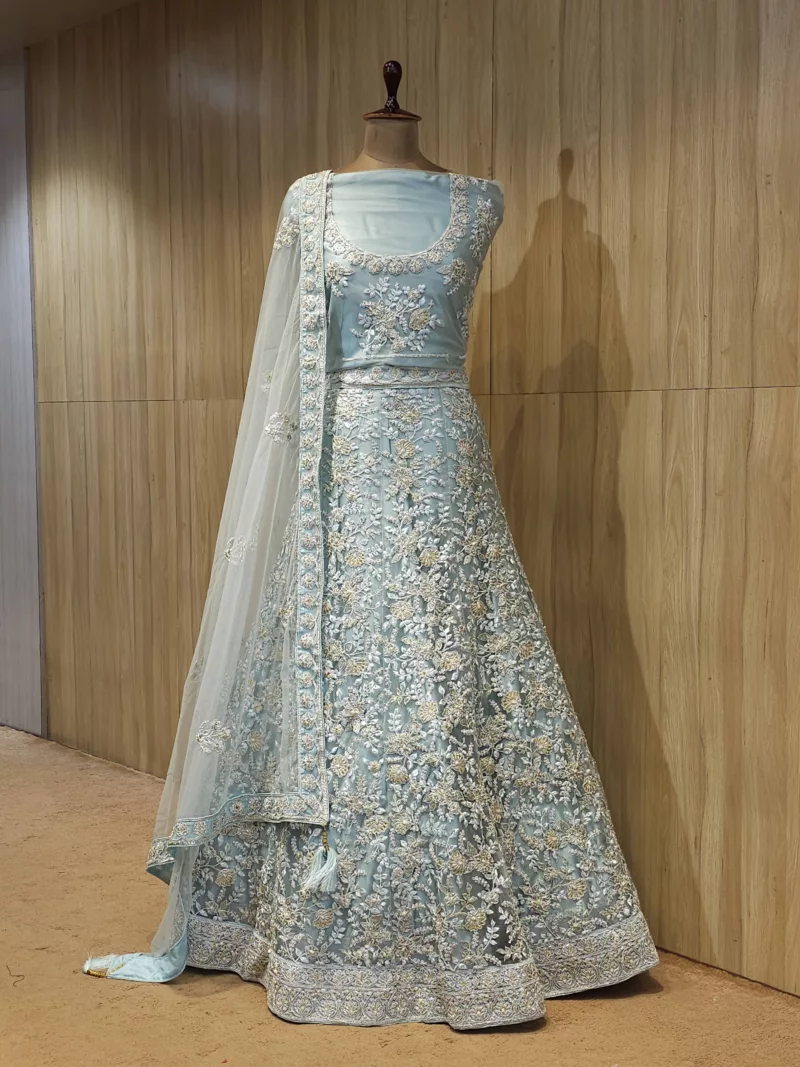 Dusty Sky Blue Silver Zari Embroidered Bridal Lehenga 114402 - Patel Brothers NX 3