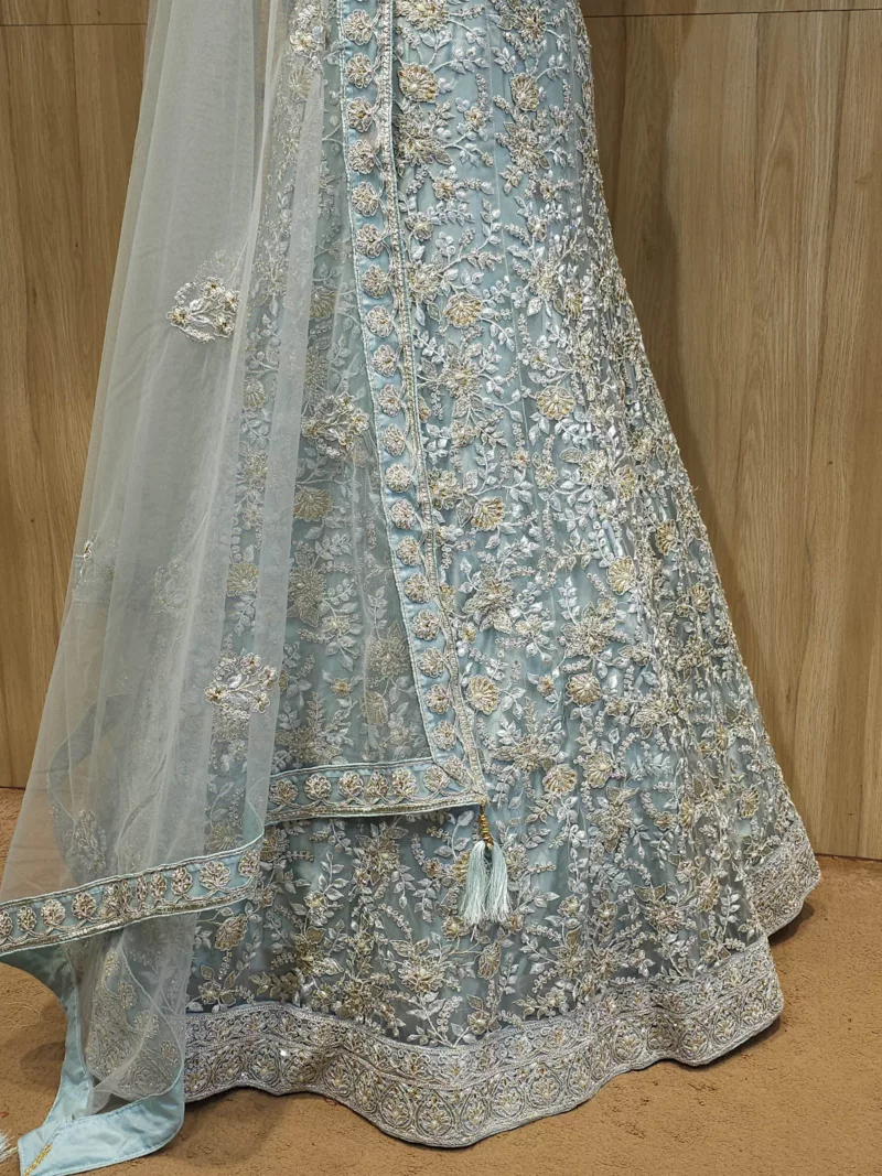 Dusty Sky Blue Silver Zari Embroidered Bridal Lehenga 114402 - Patel Brothers NX 5