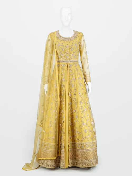 Mustard Yellow Indo-western Style Bridal Gown | BRD538 - Patel Brothers NX