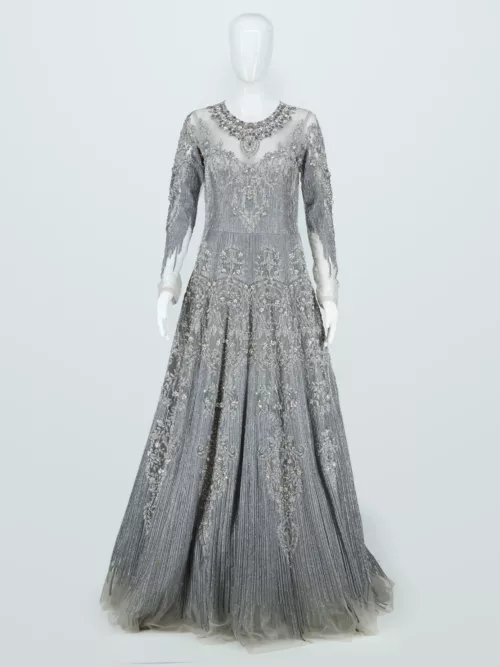 Steel Gray Heavy Embroidered Western Style Bridal Gown | BRD674 - Patel Brothers NX