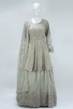 Light Olive-Gray Indo-western Tale Style Bridal Gown | BRD397 - Patel Brothers NX 7