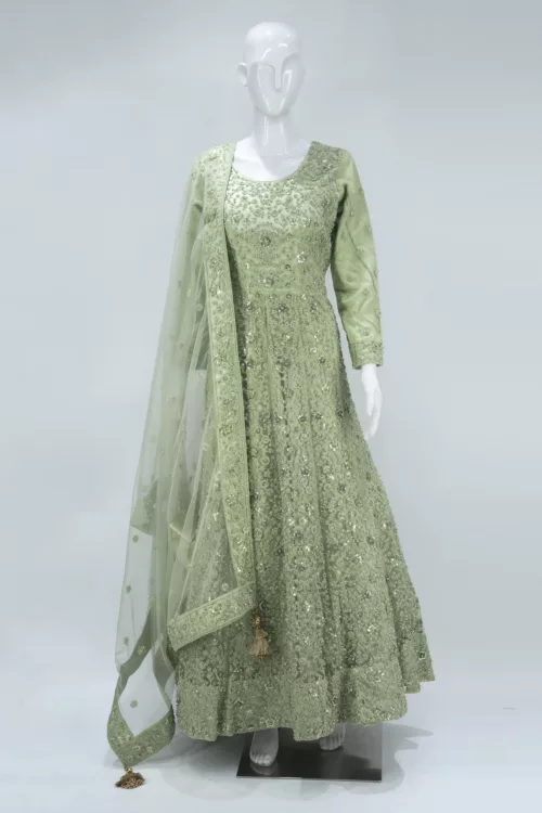 Pistachio Green Heavy Embroidered Indo-Western Style Bridal Gown | BRD490 - Patel Brothers NX 11