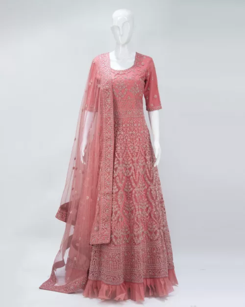 Blush Red Heavy Embroidered Tale Style Bridal Gown | BRD320 - Patel Brothers NX 11