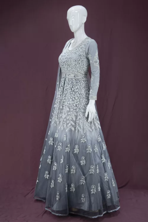 Shaded Gray Heavy Embroidered Indo-Western Style Bridal Gown | BRD572 - Patel Brothers NX 3