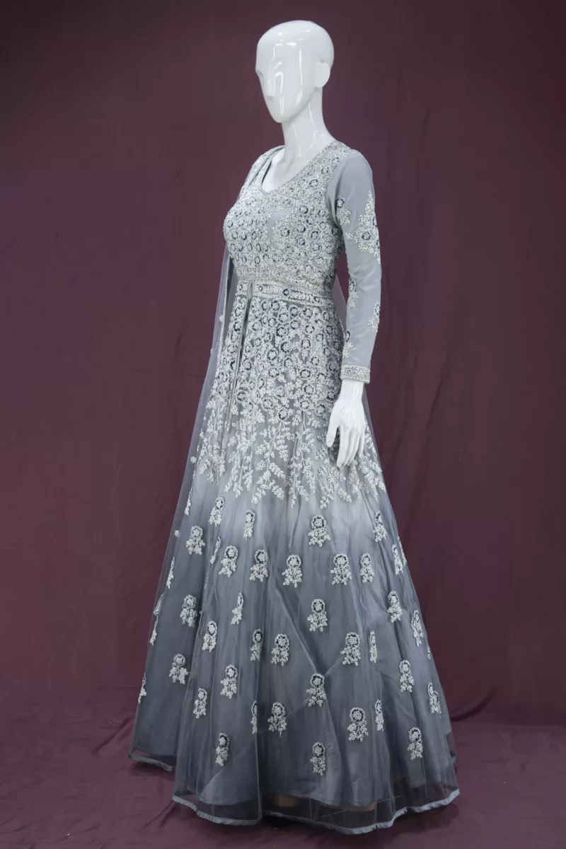 Shaded Gray Heavy Embroidered Indo-Western Style Bridal Gown | BRD572 - Patel Brothers NX 5