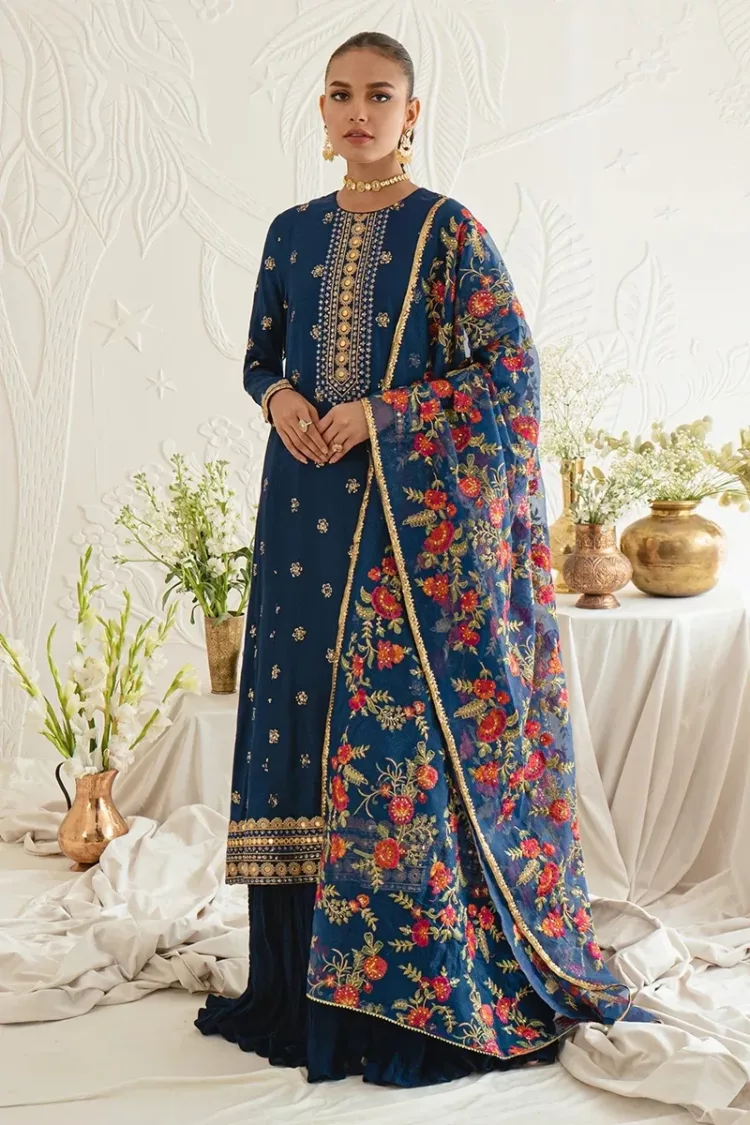 Festal Blue-3pc Silk Embroidered Suit By Cross Stitch - Patel Brothers NX 4