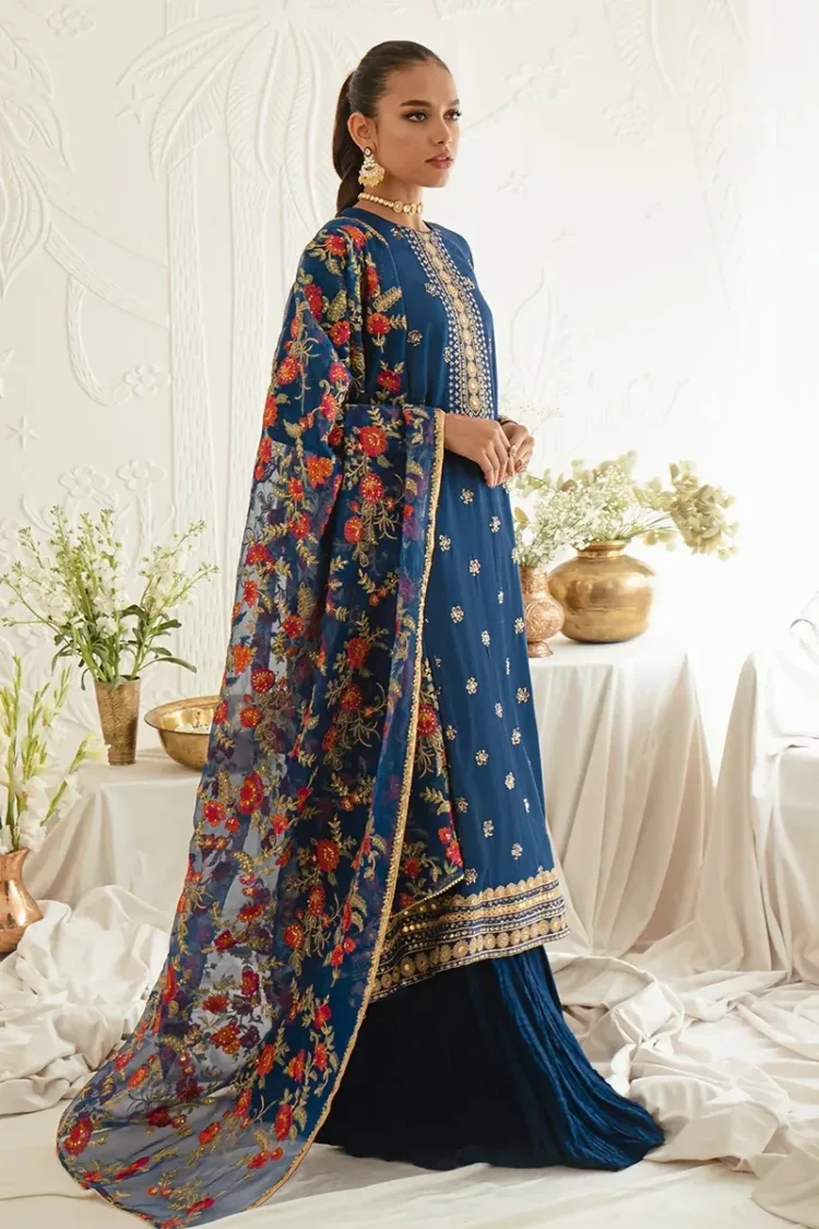 Festal Blue-3pc Silk Embroidered Suit By Cross Stitch - Patel Brothers NX 3