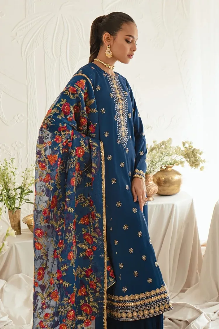 Festal Blue-3pc Silk Embroidered Suit By Cross Stitch - Patel Brothers NX 5