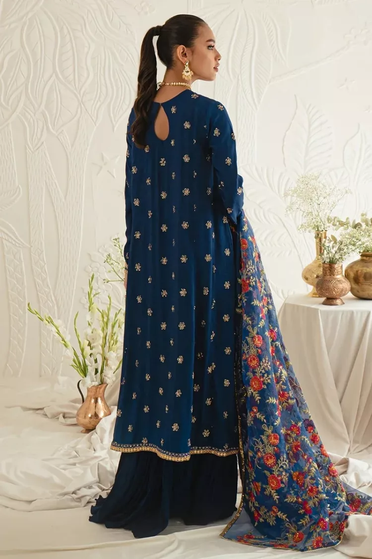 Festal Blue-3pc Silk Embroidered Suit By Cross Stitch - Patel Brothers NX 7