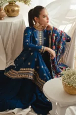Festal Blue-3pc Silk Embroidered Suit By Cross Stitch - Patel Brothers NX 16