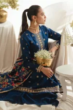 Festal Blue-3pc Silk Embroidered Suit By Cross Stitch - Patel Brothers NX 17