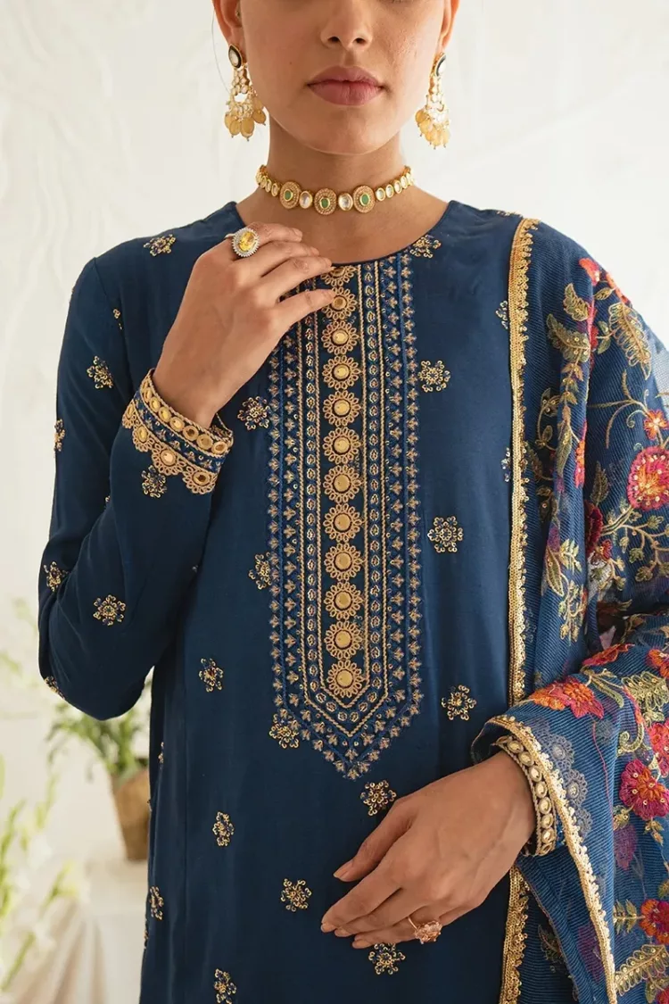 Festal Blue-3pc Silk Embroidered Suit By Cross Stitch - Patel Brothers NX 10