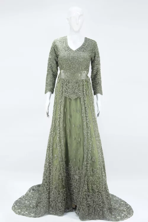Olive Green Indo-Western Tale Style Bridal Gown | BRD437 - Patel Brothers NX