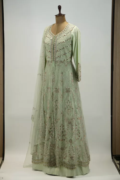 Light Olive Green Indo-western Style Bridal Gown | BRD687 - Patel Brothers NX