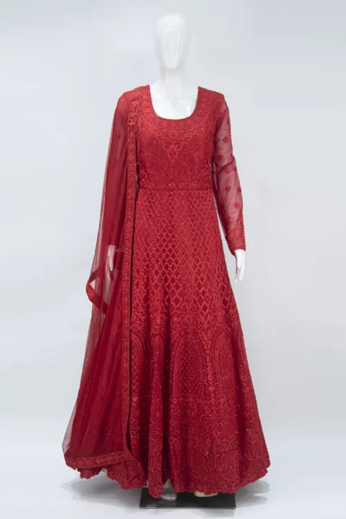Indian Red Heavy Embroidered Bridal Gown | BRD488 - Patel Brothers NX
