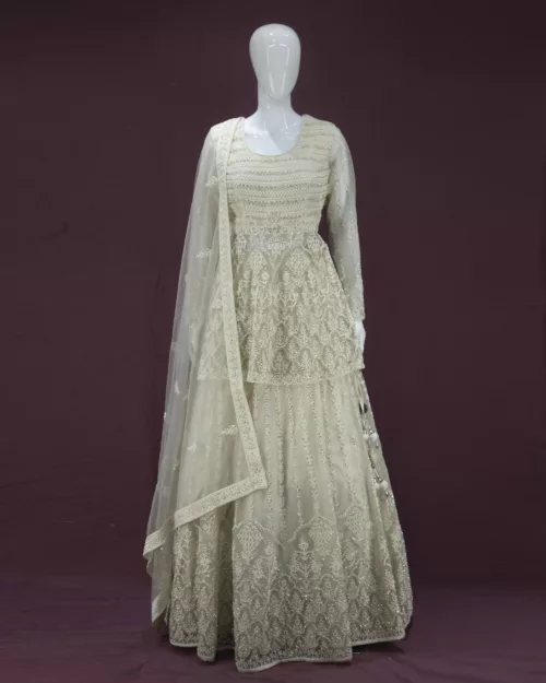 Pearl White Indo-western Style Bridal Gown | BRD525 - Patel Brothers NX