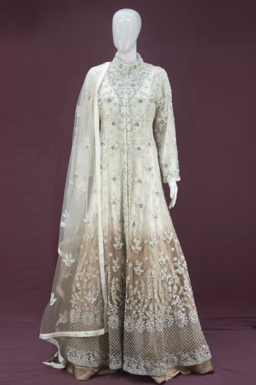 Shaded Cream Heavy Embroidered Indo-Western Style Bridal Gown | BRD572537 - Patel Brothers NX