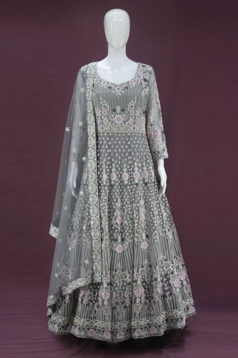 Dark-Gray Heavy Embroidered Tale Style Bridal Gown | BRD451563 - Patel Brothers NX 3