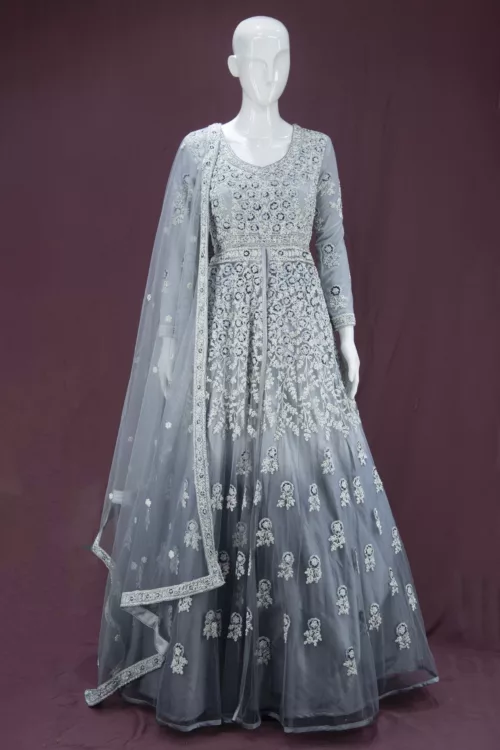 Steel Gray Heavy Embroidered Western Style Bridal Gown | BRD674 - Patel Brothers NX 11