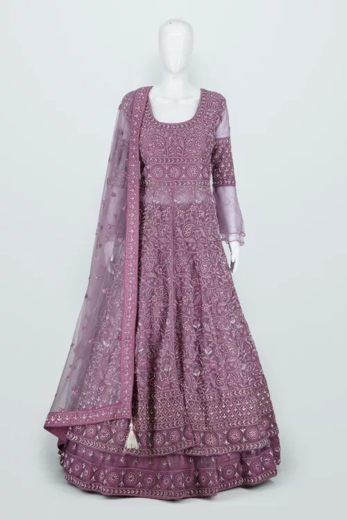 Mauve Purple Heavy Embroidered Lakhnavi Bridal Gown | BRD697 - Patel Brothers NX