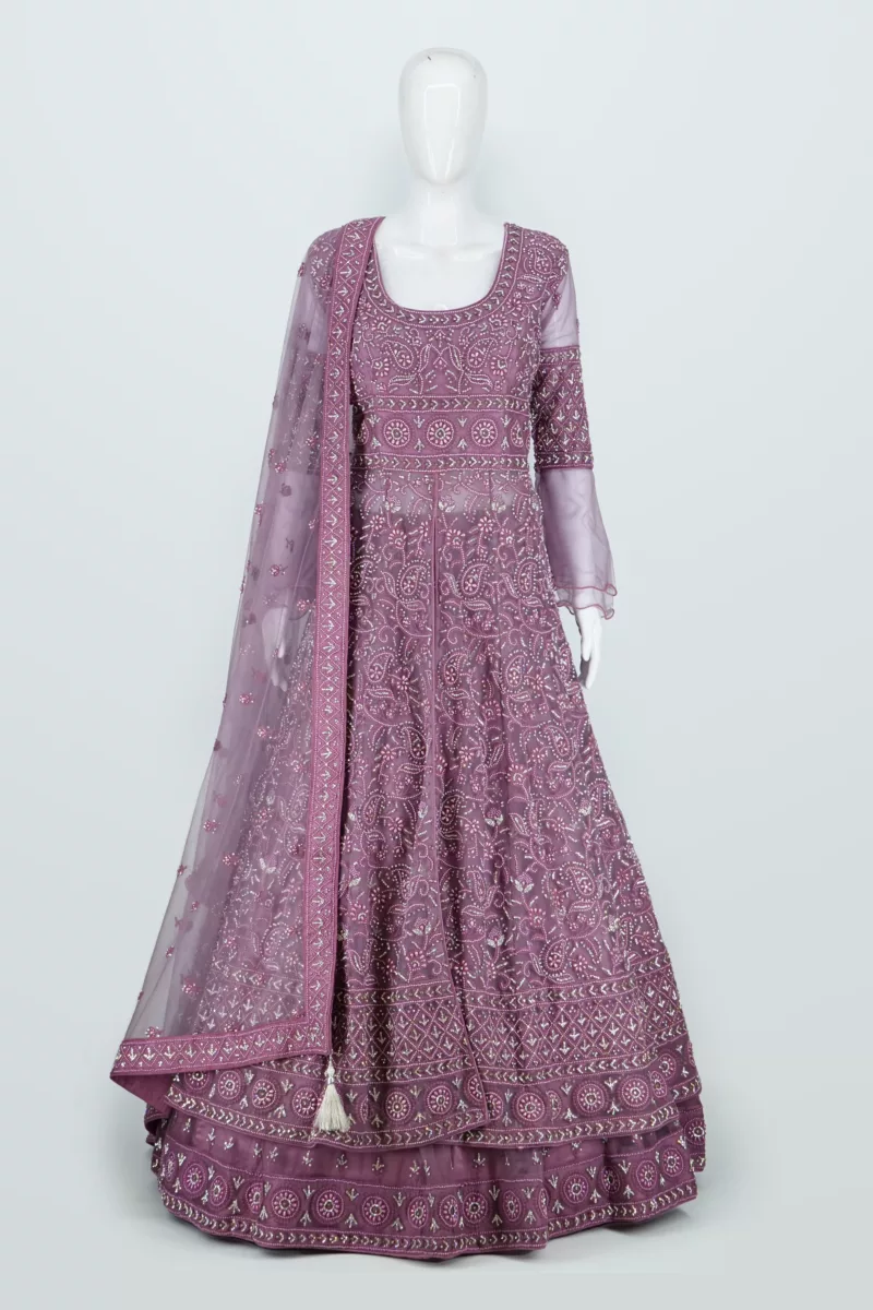Mauve Purple Heavy Embroidered Lakhnavi Bridal Gown | BRD697 - Patel Brothers NX 3
