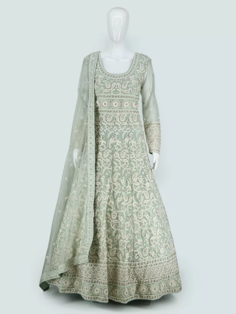 Pastel Green Heavy Embroidered Lakhnavi Bridal Gown | BRD709 - Patel Brothers NX 3