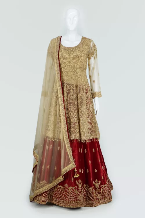 Gold and Cherry Red Indo-western Style Bridal Gown | BRD749 - Patel Brothers NX