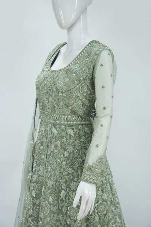 Pistachio Green Heavy Embroidered Indo-Western Style Bridal Gown | BRD490 - Patel Brothers NX 3