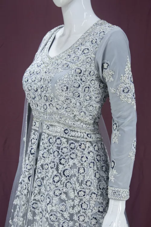 Shaded Gray Heavy Embroidered Indo-Western Style Bridal Gown | BRD572 - Patel Brothers NX 4