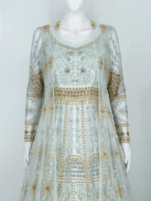 Light Sky Blue Jacket Style Embroidered Bridal Gown | BRD554 - Patel Brothers NX 3