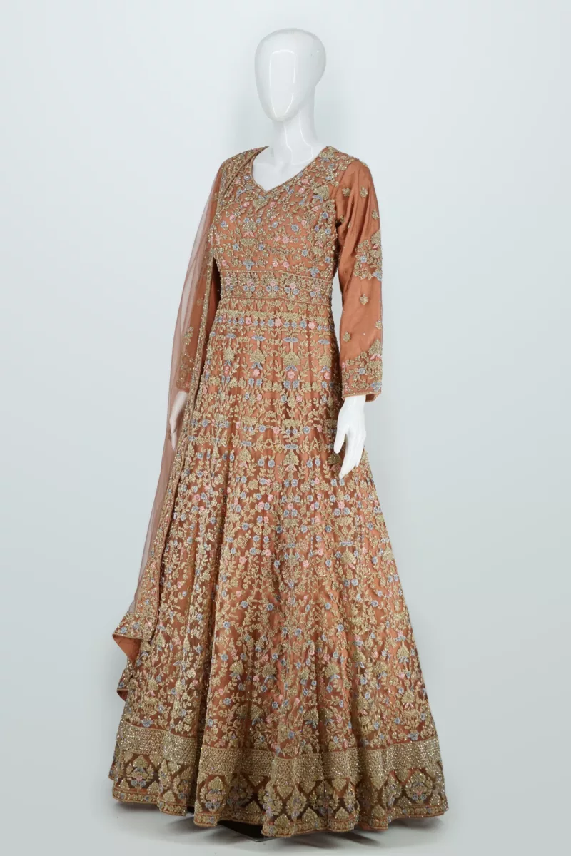 Sandstone Orange Heavy Embroidered Kashmiri Style Bridal Gown | BRD596 - Patel Brothers NX 6
