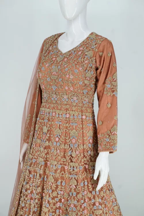 Sandstone Orange Heavy Embroidered Kashmiri Style Bridal Gown | BRD596 - Patel Brothers NX 3