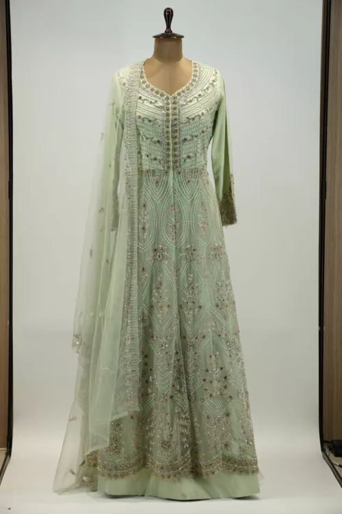 Light Olive Green Indo-western Style Bridal Gown | BRD687 - Patel Brothers NX 3