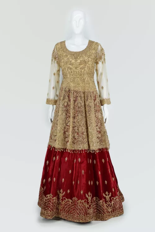 Gold and Cherry Red Indo-western Style Bridal Gown | BRD749 - Patel Brothers NX 2