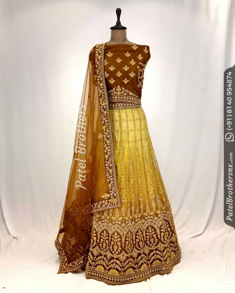 Tangerine Yellow Shaded Zari Embroidered Intricate Bridal Lehenga 124101 - Patel Brothers NX 3