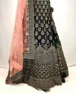 Dark Persian Sea Green Embroidered Velvet Bridal Lehenga 121200 - Patel Brothers NX 9