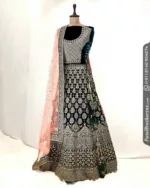 Dark Persian Sea Green Embroidered Velvet Bridal Lehenga 121200 - Patel Brothers NX 8