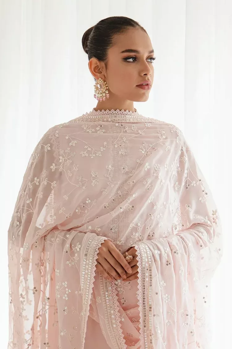 Shell Pink-4pc Chiffon Embroidered Suit By Cross Stitch - Patel Brothers NX 8