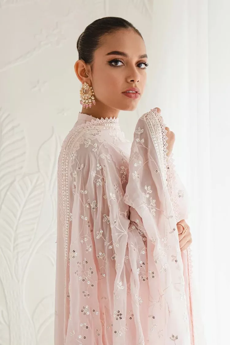 Shell Pink-4pc Chiffon Embroidered Suit By Cross Stitch - Patel Brothers NX 7