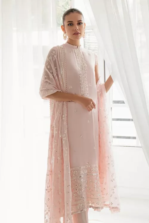 Shell Pink-4pc Chiffon Embroidered Suit By Cross Stitch - Patel Brothers NX 5