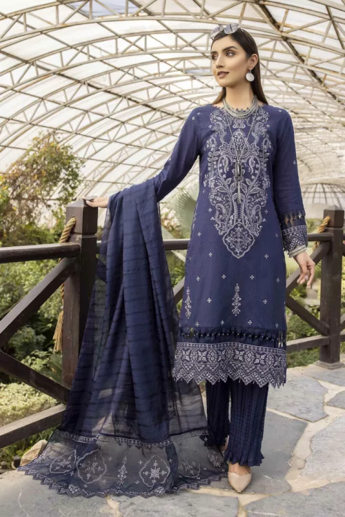 Rib-Lawn Fabric with Mirror Embroidered Qos-e-Qaza (Spring Edition’23) RJ08 - Patel Brothers NX 12