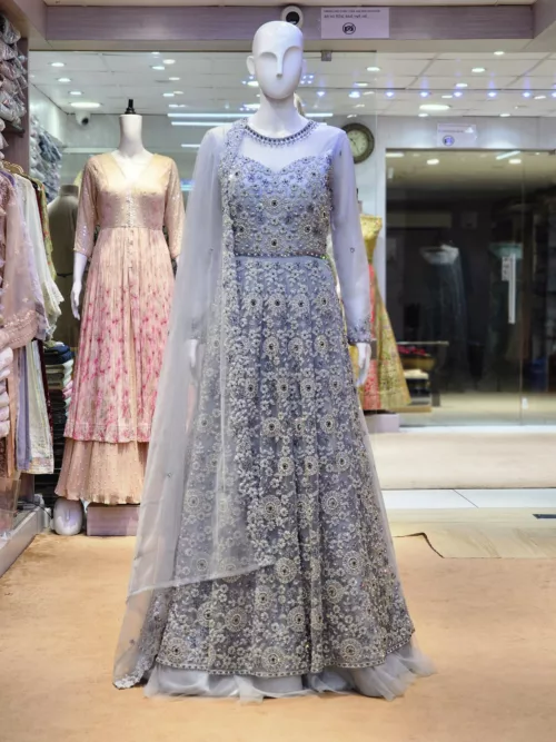 Gray Heavy Embroidered Western Style Bridal Gown | BRD929 - Patel Brothers NX