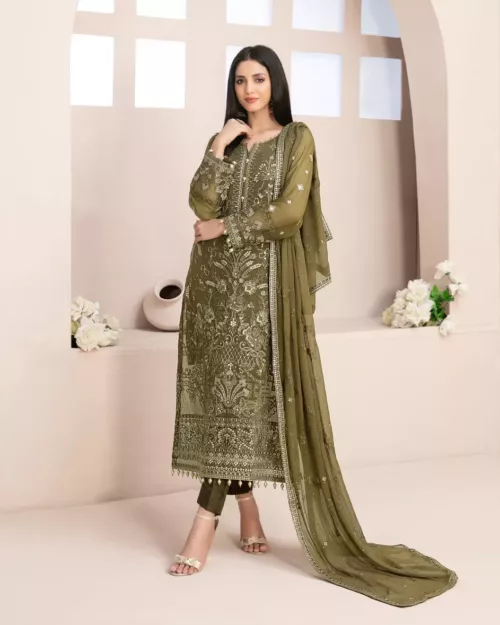 Pure Embroidered Cotton Net Shirt With Organza Dupatta S106816 - Patel Brothers NX 17