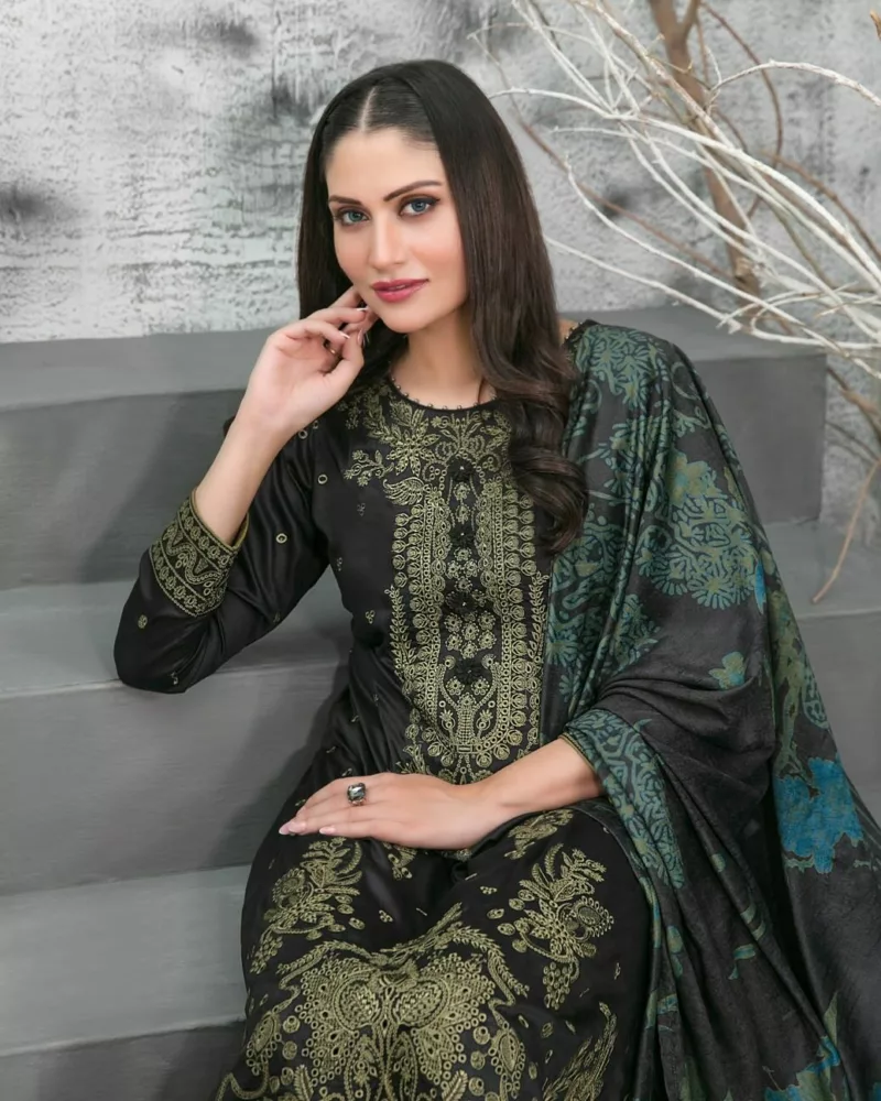 Nira Semi-Stitched Satin Shirt & Velvet Shawl | D-1119 - Patel Brothers NX 5